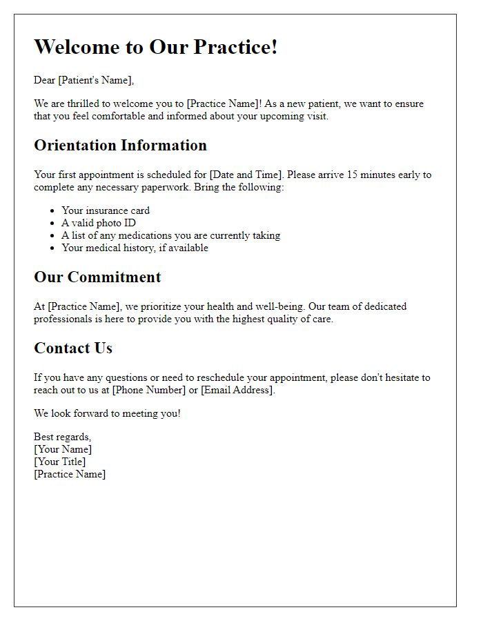 Letter template of New Patient Orientation and Welcome Note