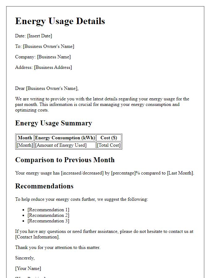 Letter template of energy usage details for business owners