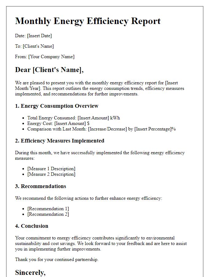 Letter template of monthly energy efficiency report for corporate clients