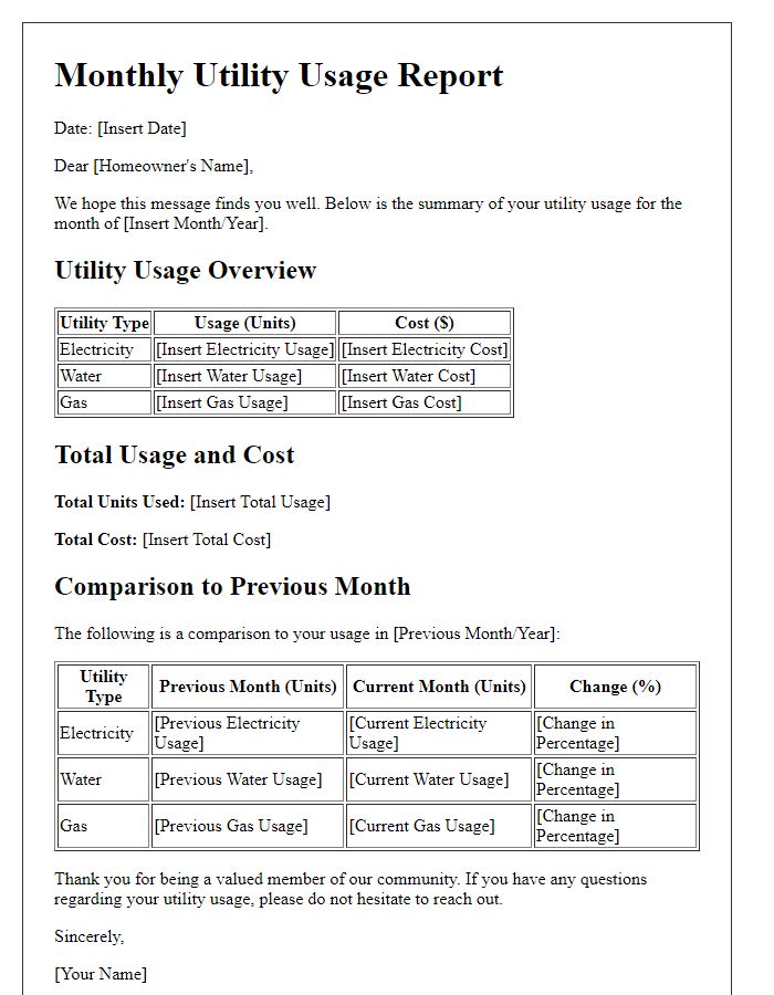 Letter template of monthly utility usage report for homeowners