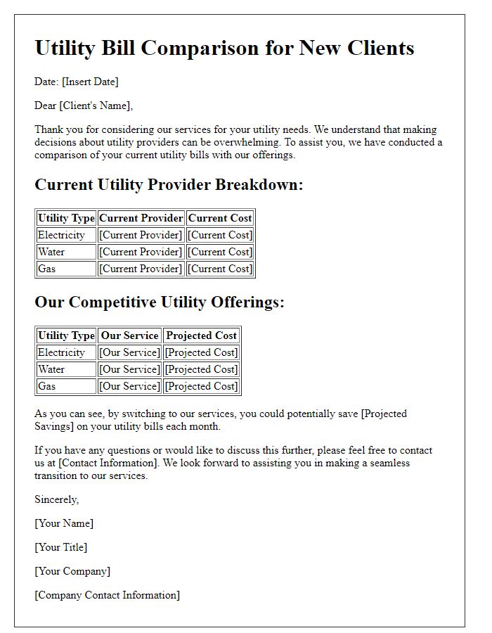 Letter template of utility bill comparison for new clients