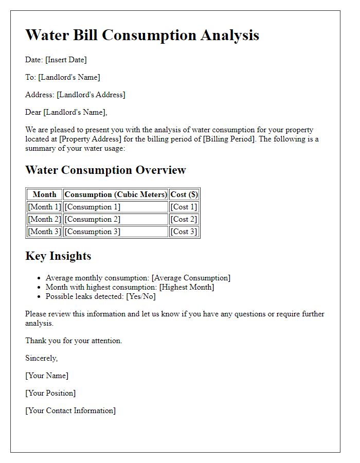 Letter template of water bill consumption analysis for landlords