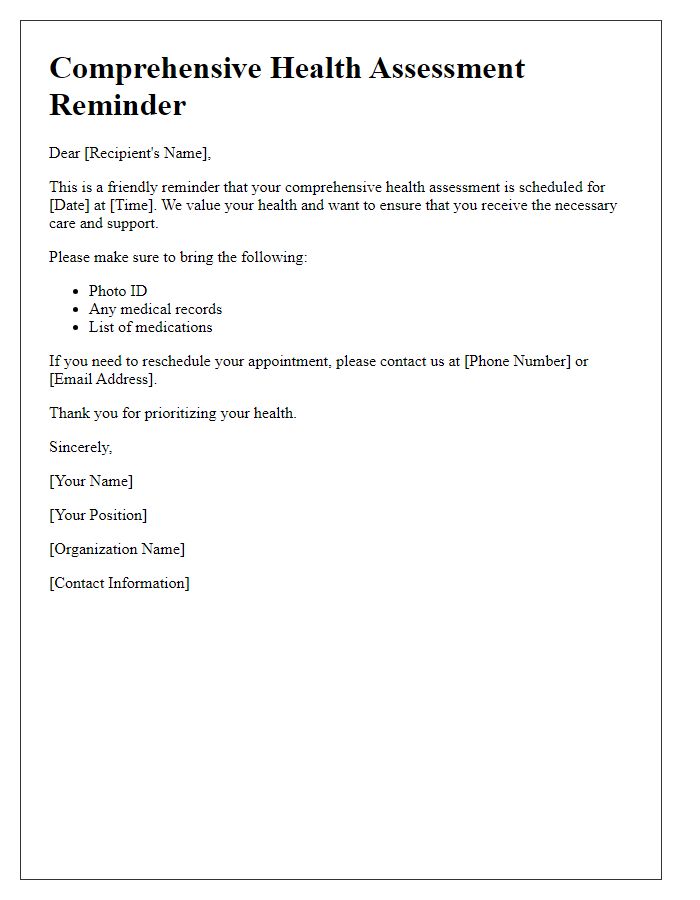Letter template of comprehensive health assessment reminder.