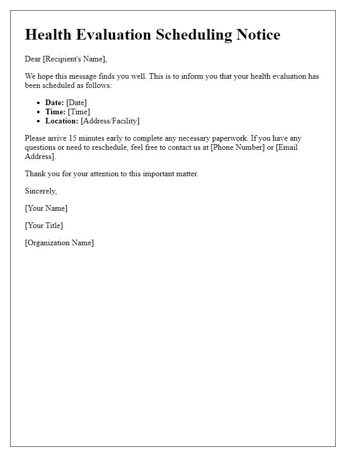 Letter template of health evaluation scheduling notice.