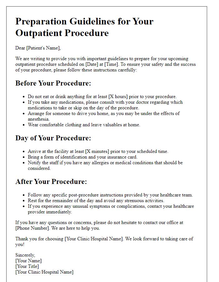 Letter template of guidelines for preparing for an outpatient procedure.