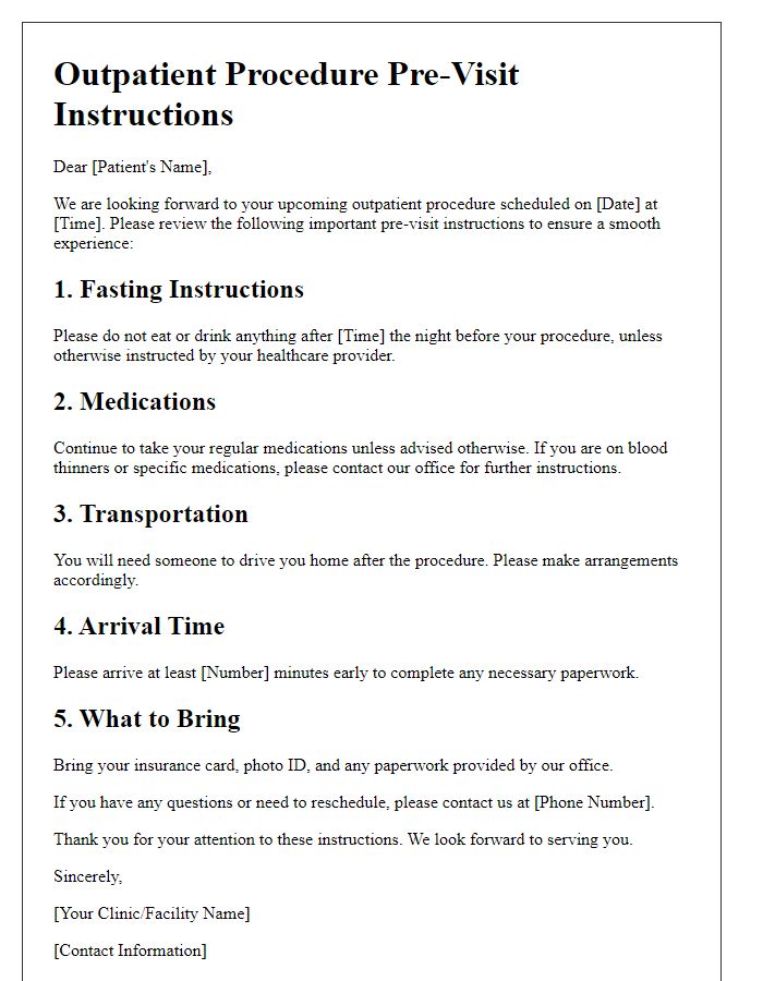 Letter template of outpatient procedure pre-visit instructions.