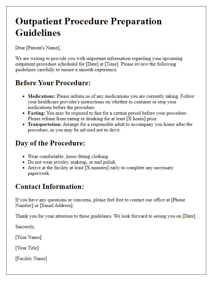 Letter template of outpatient procedure prep guidelines for patients.