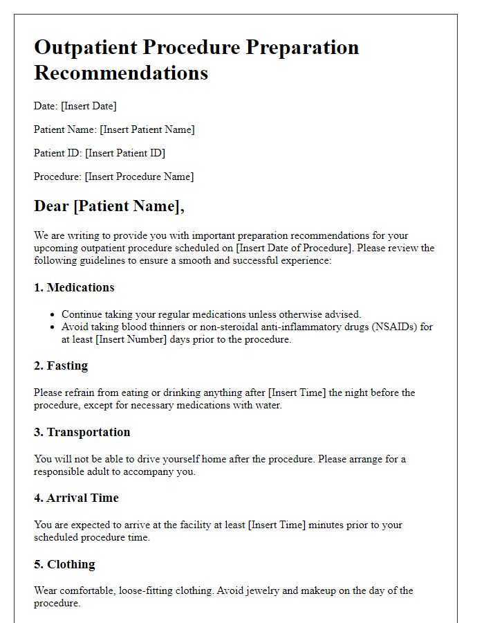 Letter template of outpatient procedure preparation recommendations.