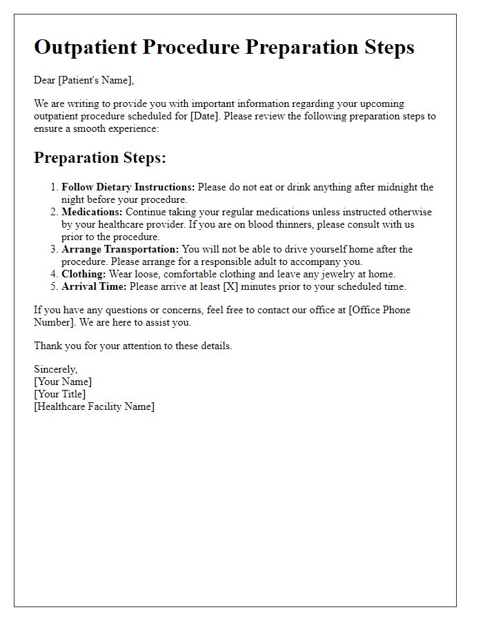 Letter template of outpatient procedure preparation steps.