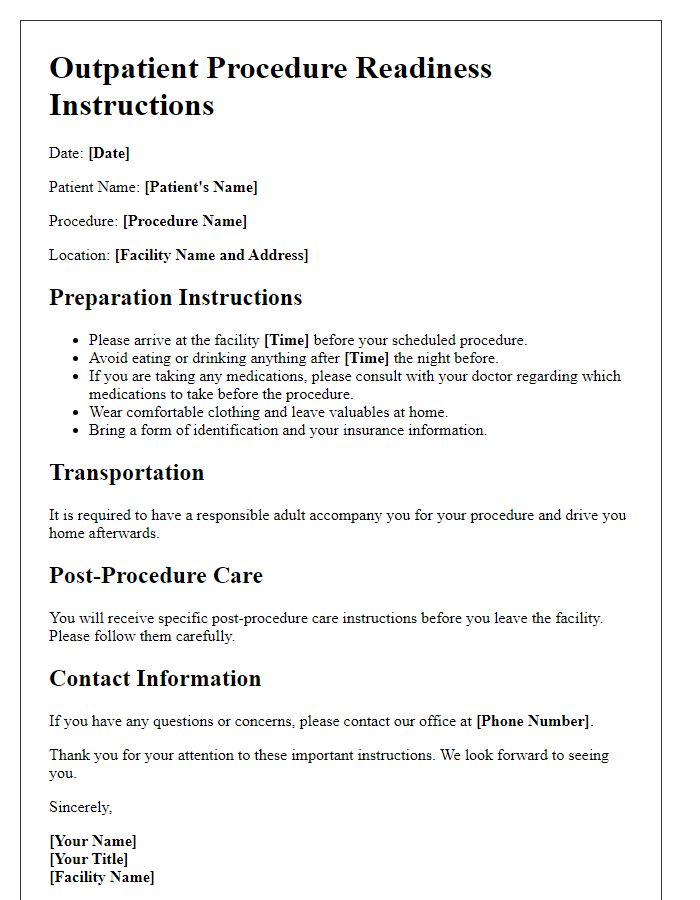 Letter template of outpatient procedure readiness instructions.