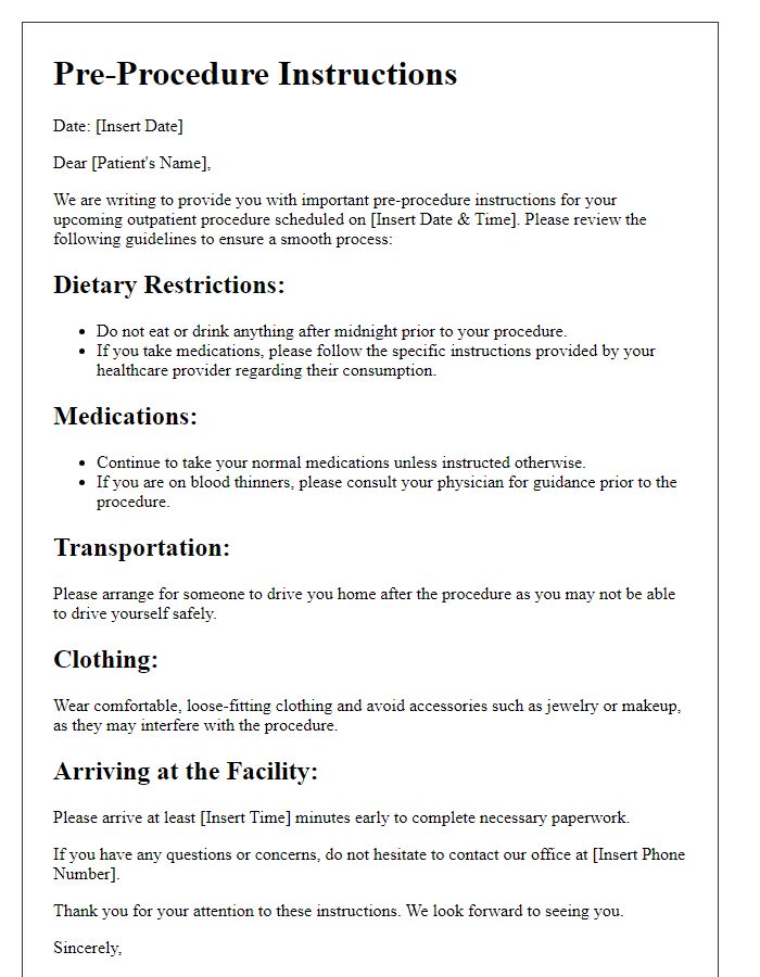 Letter template of pre-procedure instructions for outpatient care.