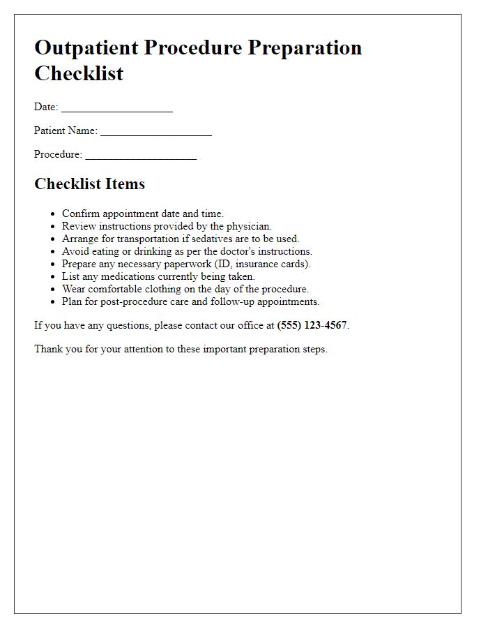 Letter template of preparation checklist for outpatient procedures.