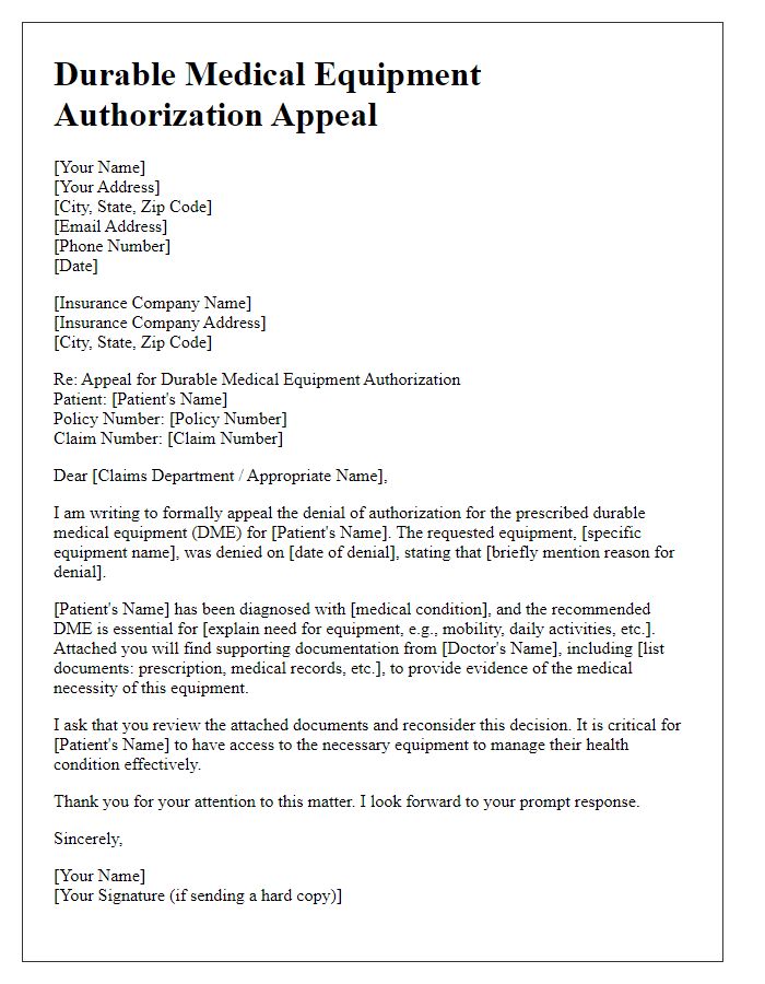 Letter template of durable medical equipment authorization appeal.