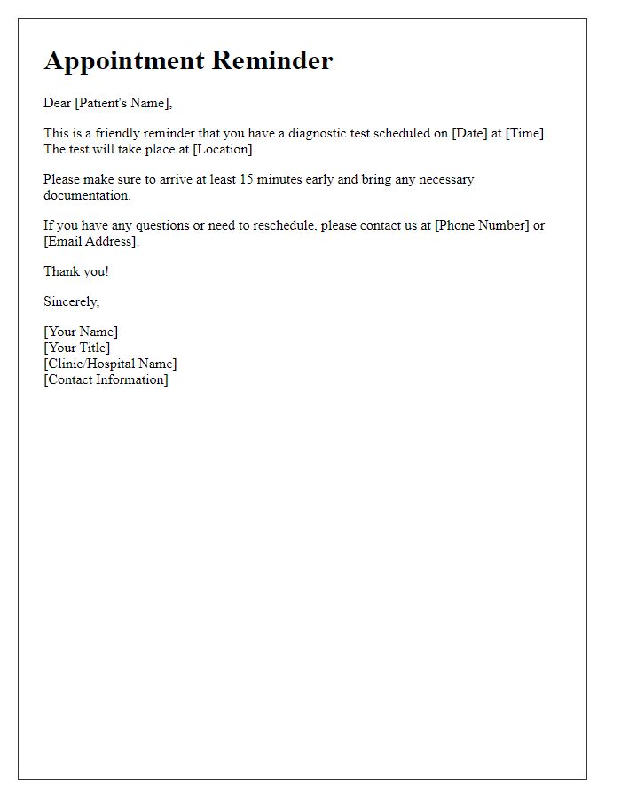 Letter template of diagnostic test appointment reminder