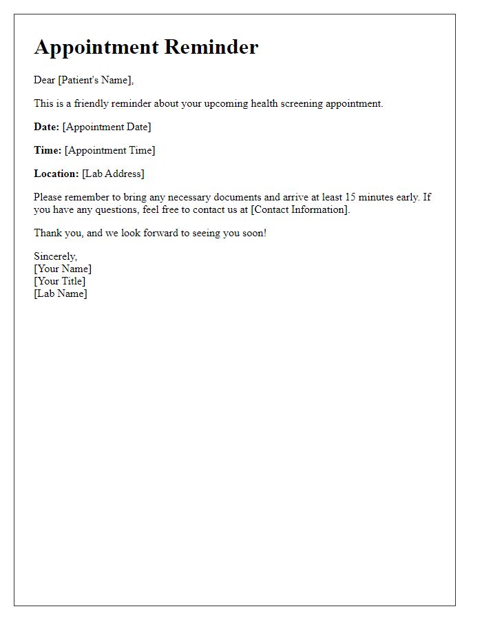 Letter template of health screening lab appointment reminder