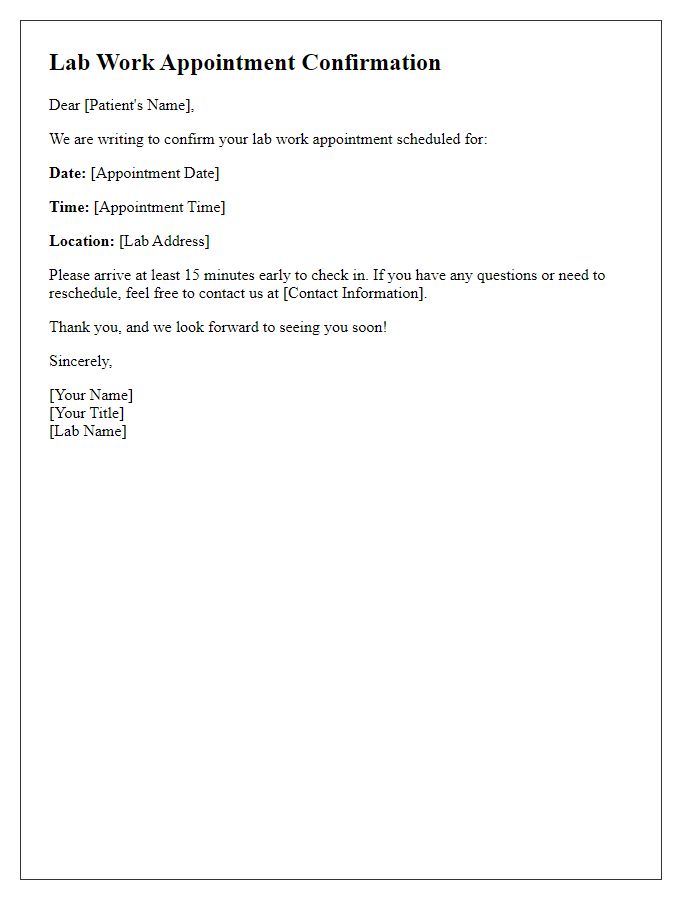 Letter template of lab work appointment confirmation reminder