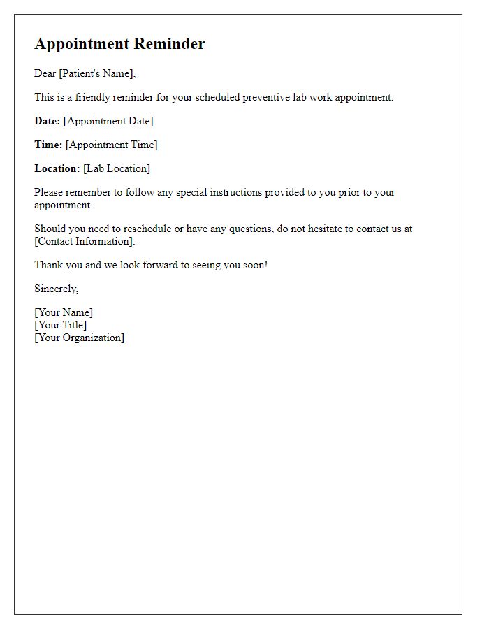 Letter template of preventive lab work appointment reminder