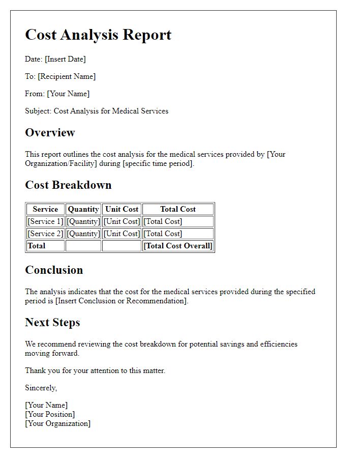 Letter template of cost analysis for medical services