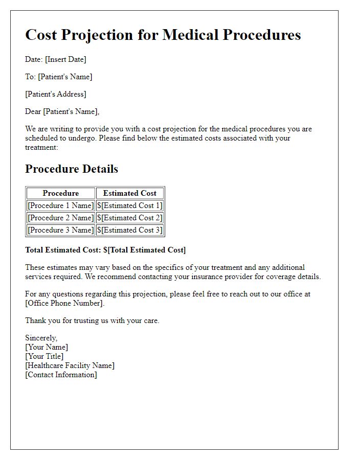 Letter template of cost projection for medical procedures