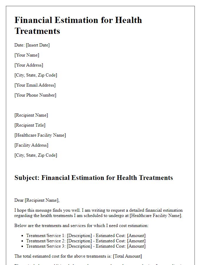 Letter template of financial estimation for health treatments