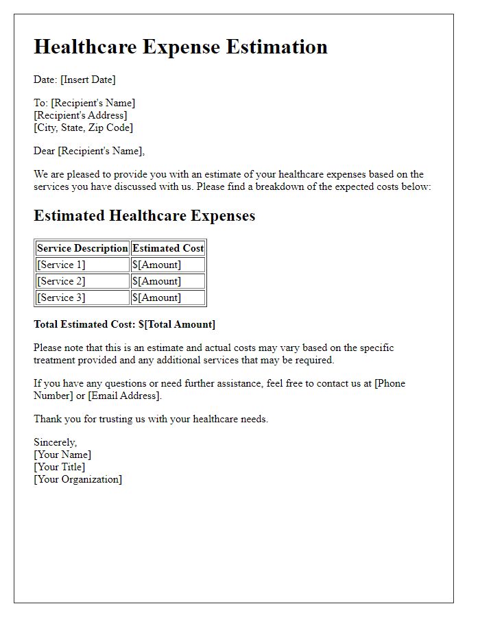 Letter template of healthcare expense estimation