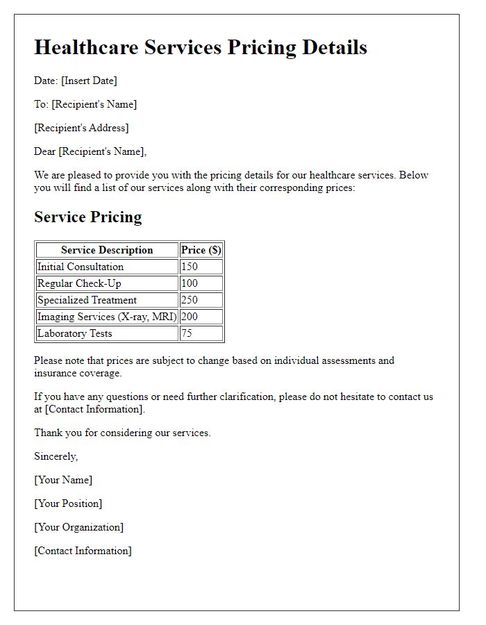 Letter template of pricing details for healthcare services