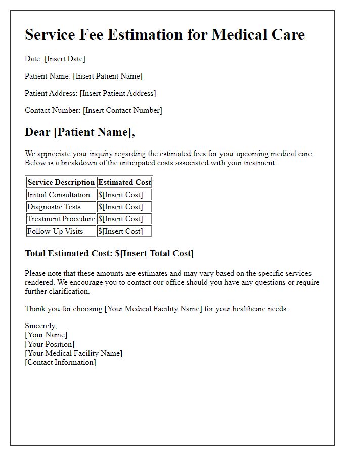 Letter template of service fee estimation for medical care