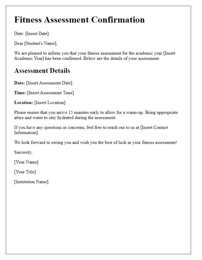 Letter template of fitness assessment confirmation for academic year