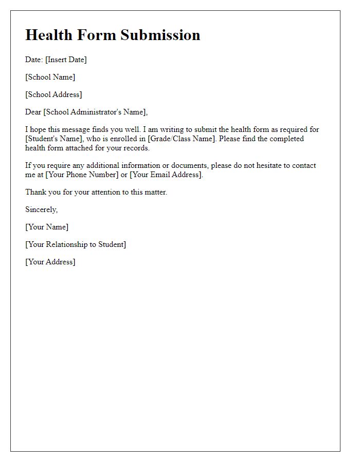 Letter template of health form submission for school requirements