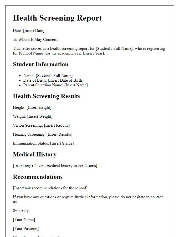 Letter template of health screening report for school registration