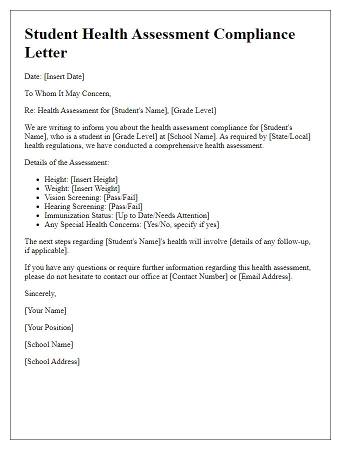 Letter template of student health assessment for school compliance