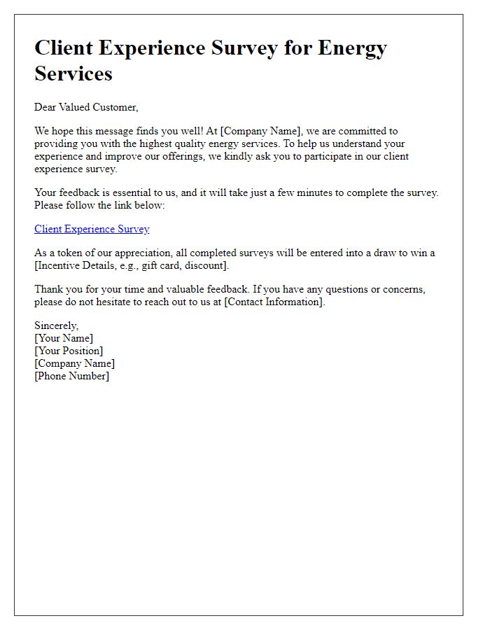 Letter template of client experience survey for energy services