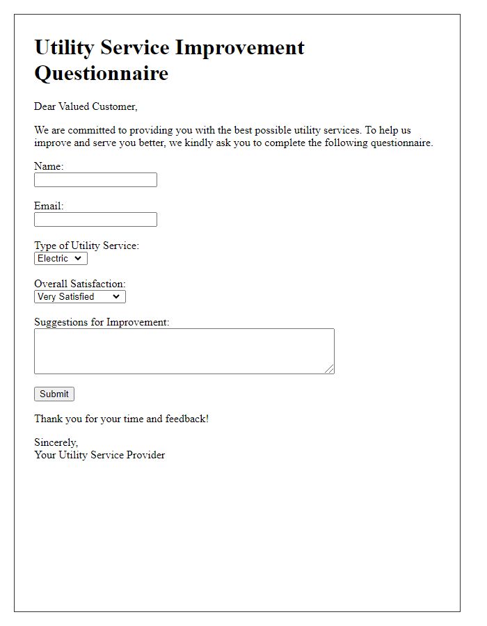 Letter template of questionnaire for utility service improvement