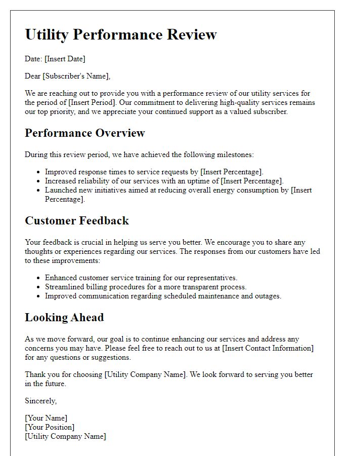 Letter template of utility performance review for subscribers