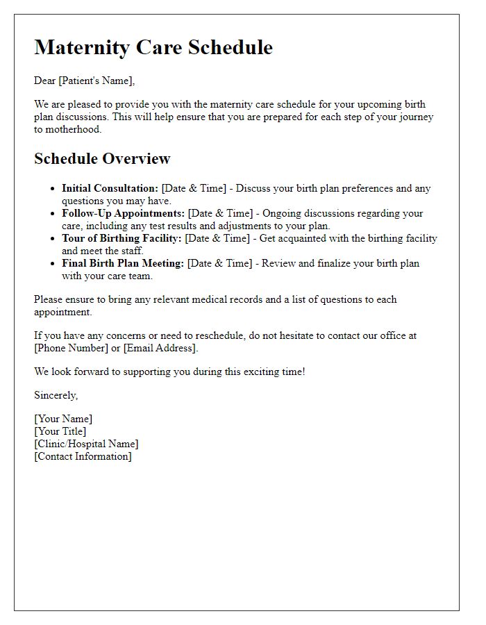 Letter template of maternity care schedule for birthing plan discussions.