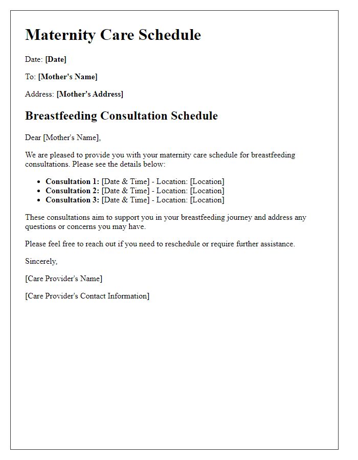 Letter template of maternity care schedule for breastfeeding consultations.