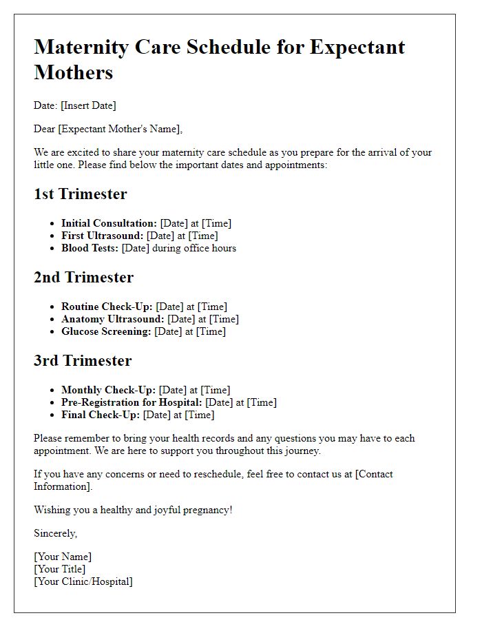 Letter template of maternity care schedule for expectant mothers.