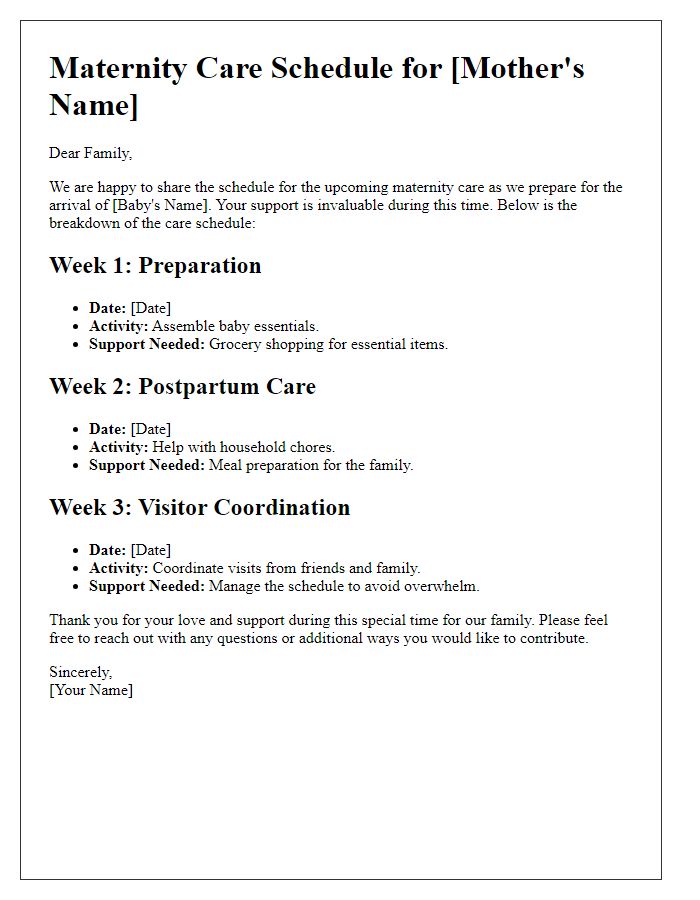 Letter template of maternity care schedule for family support.