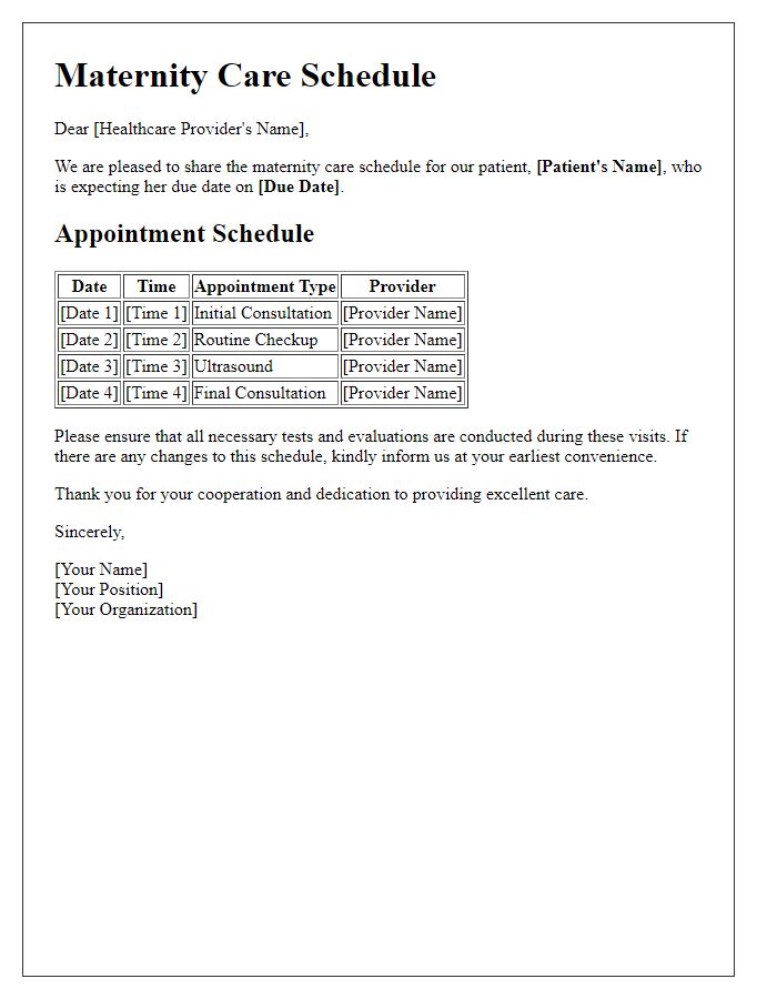 Letter template of maternity care schedule for healthcare providers.