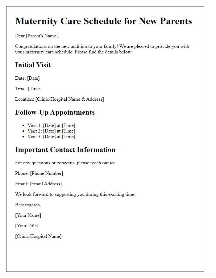 Letter template of maternity care schedule for new parents.