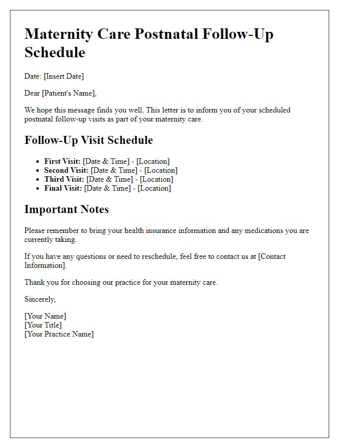 Letter template of maternity care schedule for postnatal follow-up visits.