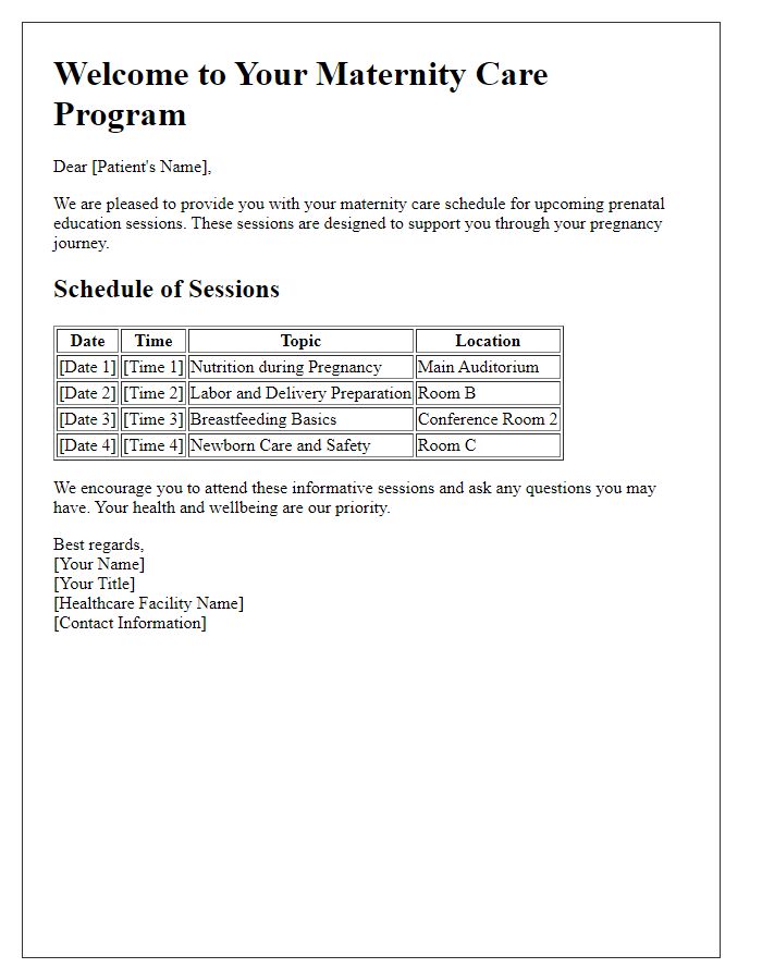 Letter template of maternity care schedule for prenatal education sessions.