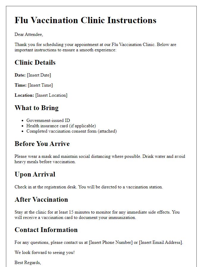 Letter template of flu vaccination clinic instructions for attendees