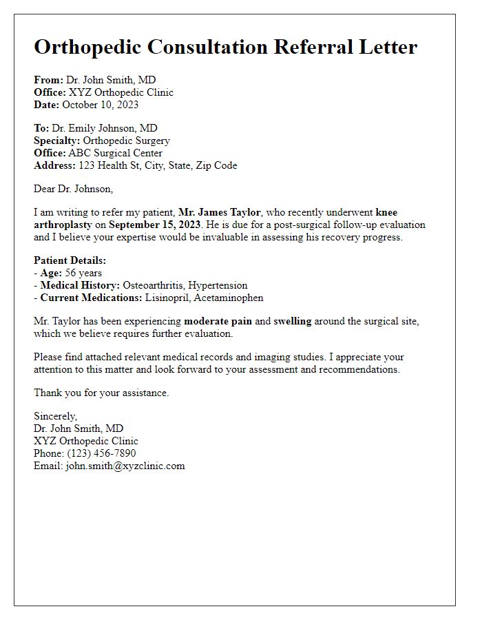 Letter template of orthopedic consultation referral for post-surgical follow-up