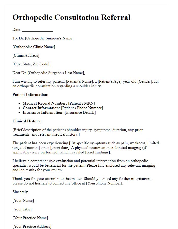 Letter template of orthopedic consultation referral for shoulder injury evaluation