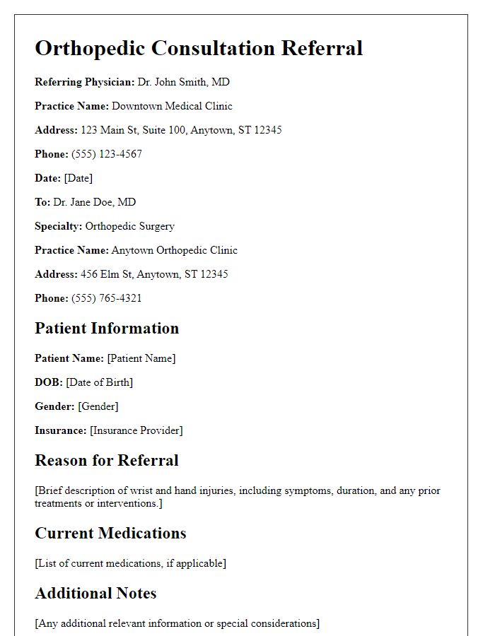 Letter template of orthopedic consultation referral for wrist and hand injuries