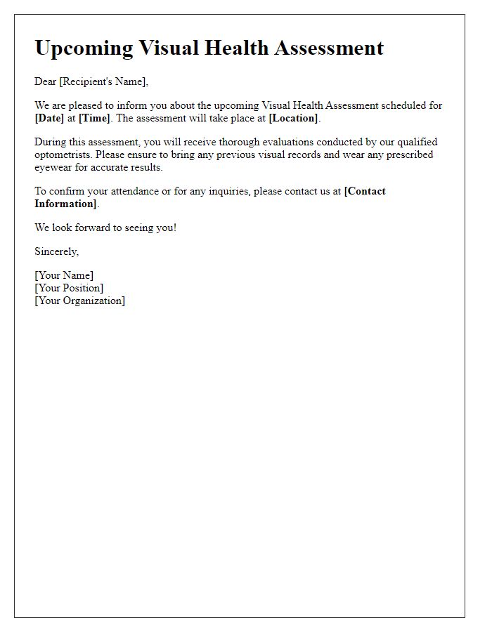 Letter template of upcoming visual health assessment details