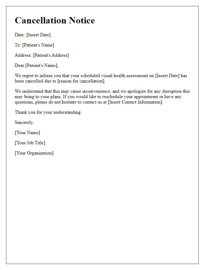 Letter template of visual health assessment cancellation notice