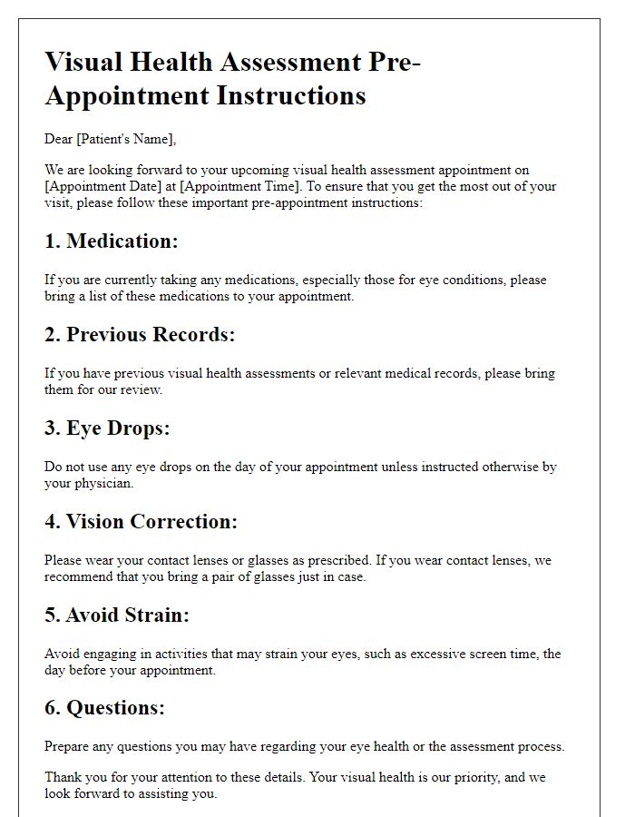 Letter template of visual health assessment pre-appointment instructions