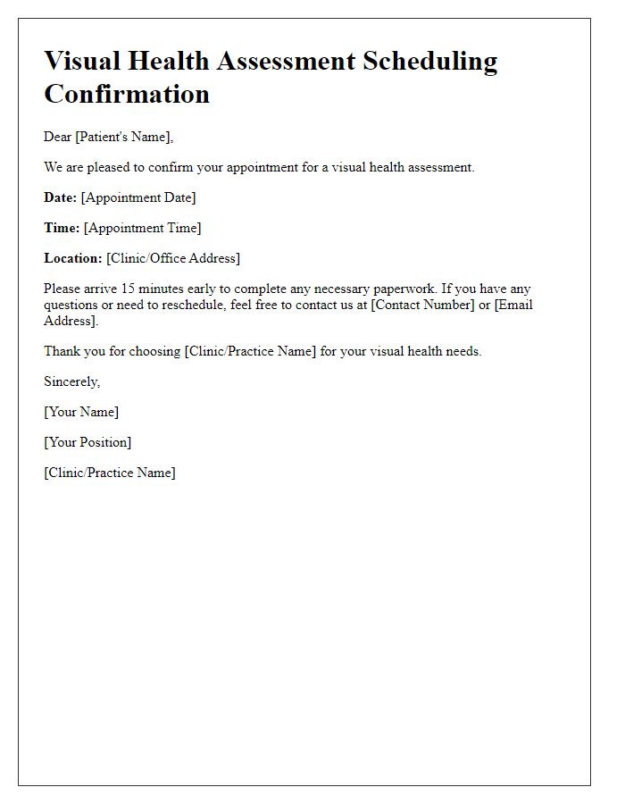 Letter template of visual health assessment scheduling confirmation